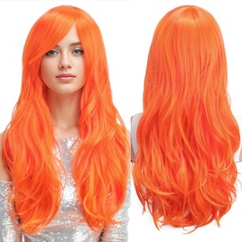 Tangyaoyusun 28Inch Orange Wig with Bang Long Wavy Curly Hair Cosplay Wig For Girls Women Theme Party (Orange)