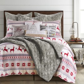 Levtex Home - Silent Night Quilt Set - Full/Queen Holiday Quilt 88x92 and Two Standard Pillow Shams 20x26 - Christmas Fair Isle Deer - Red, Grey, White - Reversible - Cotton