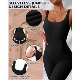 AURUZA Jumpsuit for Women Workout Seamless Jumpsuit Yoga Ribbed One Piece Tank Tops Rompers Sleeveless Exercise Tummy Control Jumpsuits Square Neck Leggings Romper，Black，S