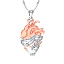 ROMANTICWORK Anatomical Heart Necklace Sterling Silver Dragon Pendant Necklace Human Heart Jewelry Gifts for Women Men, Sterling Silver, No Gemstone