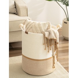 StorageWorks 58L Cotton Rope Laundry Basket with Wooden Beads Handles, Woven Basket for Storage, Dirty Clothes, Kids Toys, Towels, White & Khaki