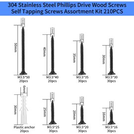 210 Pcs Self Tapping Wood Screws Assortment Set, M3.5 Black Cross Flat Round Head Drywall Plasterboard Screws, with Wall Plugs Anchors for Plasterboard, Drywall, Wood - 16/20/25/30/35/40/50 mm
