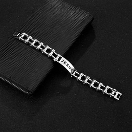 LAFATINA Bicycle Bike Chain Bracelets for Men Jesus Christ Fathers Day Stainless Steel Masculine Biker Long Wristband, 8.9 inches