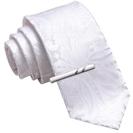 Barry.Wang White Tie for Men Silk Woven Paisley Necktie and Tie Clip Set Solid Color Wedding Party Business Formal