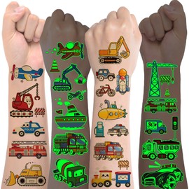 Tattoo Children's Boys 12 Sheets Luminous Tattoo Stickers Vehicles Children's Tattoos Sticker Construction Site Digger Glitter Temporary Tattoos for Children's Birthday Party Theme Party Bag Highlight