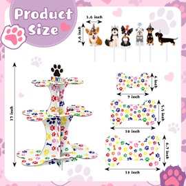 Bokon 3 Tier Puppy Dog Cupcake Stand and 24 Pcs Dog Cupcake Toppers Dog Birthday Party Supplies Puppy Bone Shaped Paw Print Cupcake Holder for Puppy Dog Kids Theme Birthday Party Decorations