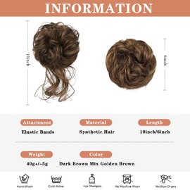 MSCHARM 2PCS Messy Bun Hair Pieces Wavy Curly Bun Hair Pieces for Women Synthetic Updo Chignon Fake Bun Scrunchies Ponytail Extension for Women #6BH27 Dark Brown Mix Golden Brown