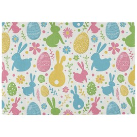 Happy Easter Day Bunny Eggs Placemats Set of 6 Easter Day Peep Rabbit Spring Flowers Table mats Burlap Placemat Kitchen Mat Dining Room Holiday Decoration 12" x 18" Washable Fast Dry