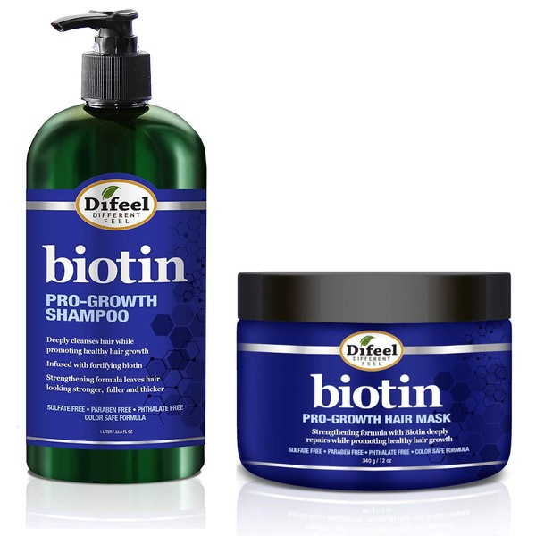 Difeel Pro-Growth Biotin Shampoo & Hair Mask 2-PC SET - Includes Pro-Growth Biotin Shampoo 33.8oz AND Biotin Hair Mask 12oz