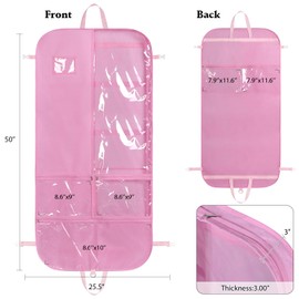 Univivi Costume Garment Bags for Dancers, 50 Inch Dance Competition Costume Bag, 3 Medium Clear Zipper Pockets and 2 Back Zippered Pockets with 1 xPendant, 3 x Badge - Pink