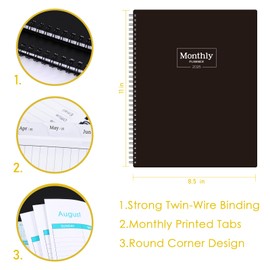 2025 Monthly Planner - Monthly Planner with Tabs & Pocket, 12 Monthly Planner, JAN - DEC 2025, Contacts and Passwords, Thick Paper, Twin-Wire Binding, Dull Black (8.5" x 11")