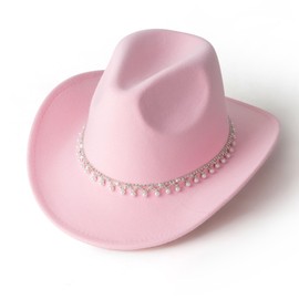 Zokunari Pearl Hat Shiny Cowboy Wide Brim Womens Hat Party Hats Pearl Drop-Pink