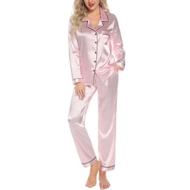 Pjmlifecoco Lounge Set Women's Silk Soft Sleepwear Satin Long Sleeve Two Piece Pajamas Pj Set Pink