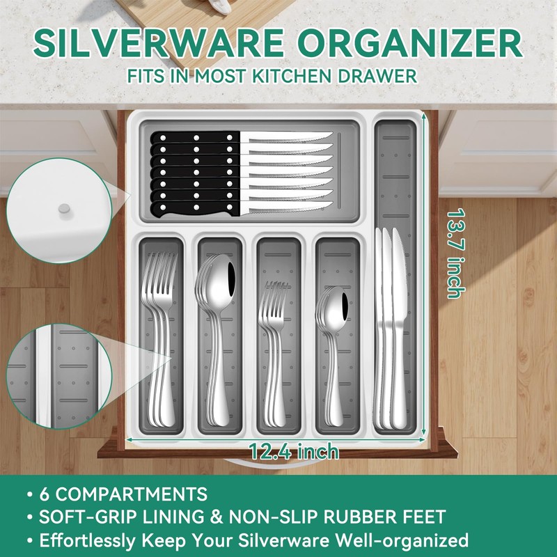 49-Piece Silverware Set with Organizer, Stainless Steel Flatware Utensils Set
