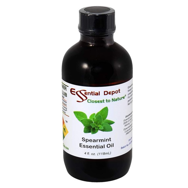 Spearmint Essential Oil - 4 oz - GC/MS Tested - Supplied in 4 oz. Amber Glass Bottle with Black Phenolic Cone Lined and Safety Sealed Cap