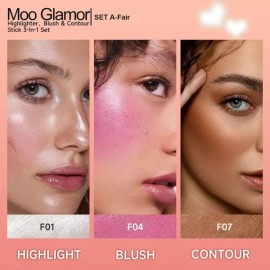 MooGlamor 무글래머 3-in-1 형광펜 블러셔 및 컨투어 스틱 트리오와 스틱으로 볼과 얼굴 메이크업을 위한 (세트 A Muglammer 3-in-1 Highlighter Blusher and Contour Stick Trio for Cheeks and Face Makeup (Set A) [Set A Fair]