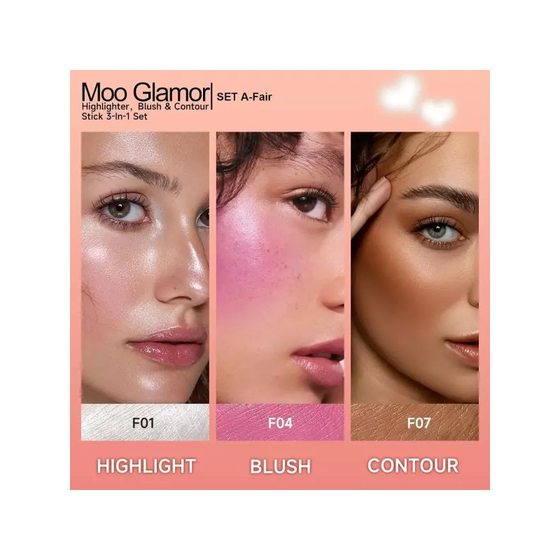 MooGlamor 무글래머 3-in-1 형광펜 블러셔 및 컨투어 스틱 트리오와 스틱으로