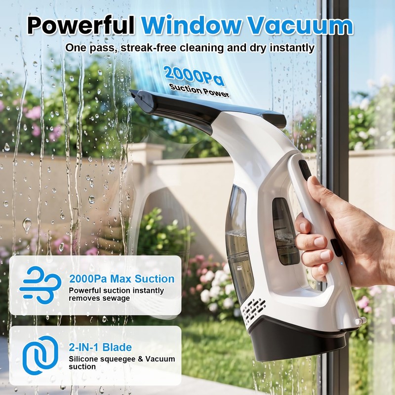 Window Vacuum Squeegee Cordless, 2000Pa Electric Window Cleaner Tool