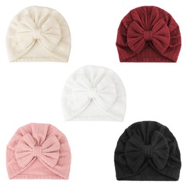 DRESHOW BQUBO 5 Pieces Newborn Baby Turban Hats Bow Baby Infant Beanie Breathable Toddler Cap for Baby Girls 0-12 Months