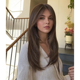 WOKESTAR Long Straight Wigs for Women with Curtain Fringe, Layered Synthetic Color Hair (Black Brown)