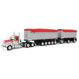 DCP 1/64 Viper Red/Silver Kenworth W900L w/ 31ft & 20ft End Dump Trailers, by First Gear
