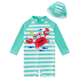 uideazone 12-18 Months Baby Boys Green Striped Swimsuit Red Crab UPF 50+ Long Sleeve Beach Swimwer One Piece Rash Guard with Sun Hat