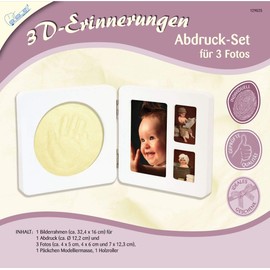MAMMUT 129025 - 3D Erinnerungen Abdruck-Set für 3 Fotos, Komplettset mit Bilderrahmen (MDF), 1 Päckchen Modelliermasse und 1 Holzroller, Kreativset für junge Eltern, 32,4 x 16 cm