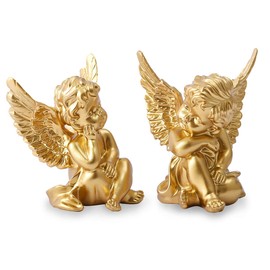 OwMell Set of 2 Cherubs Angels Resin Statue Figurine, Indoor Home Decoration, Adorable Angel Sculpture Memorial Statue 4" - Gold
