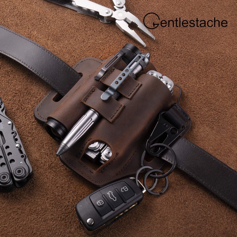 Gentlestache Multitool Belt Sheath, EDC Leather Belt Organizer, Flashlight Holder,