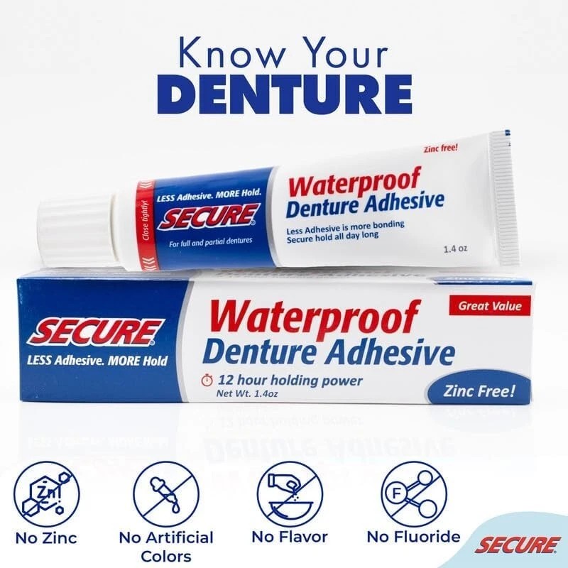 Secure waterproof denture adhesive - zinc free - extra strong