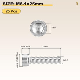 METALLIXITY Socket Head Cap Screw(M6-1x25mm)25Pcs, 304 Stainless Steel Allen Socket Drive Metric - Machine Internal Hex Screw UNC Coarse Thread, Silver Tone