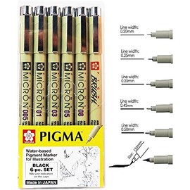SAKURA PIGMA MICRON BLACK, SET OF 6 ASSORTED NIB SIZES (Set Of 6A)