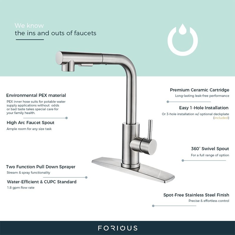 FORIOUS Kitchen Faucets with Pull Down Sprayer, Single Handle Kitchen