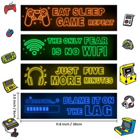 Game Wall Decals Glow in The Dark, Printed Neon Gaming Posters Teen Boys Room Decorations Inspirational Quote Wall Decor, Modern Home Decor