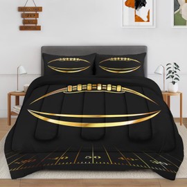 Ssddyes Queen Size Comforter Set, American Football Golden Rugby Ball, Bedding Decor Abstract Golden Football Sport Game Theme Space Gold Black Kids Adults, Soft Cozy Bedroom Bed Set 2 Pillowcases