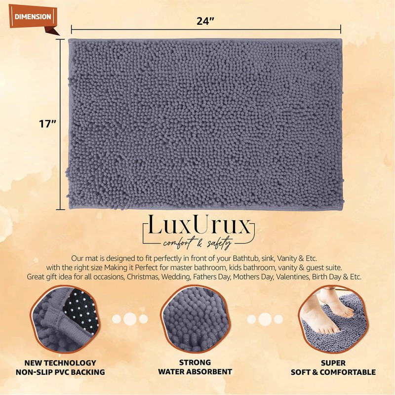 LuxUrux Bath Mat-Extra-Soft Plush Bath Shower Bathroom Rug, 1'' Chenille