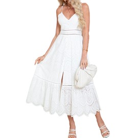 BerryGo Women's Embroidery Pearl Button Down Dress V Neck Backless Maxi Dress White-L
