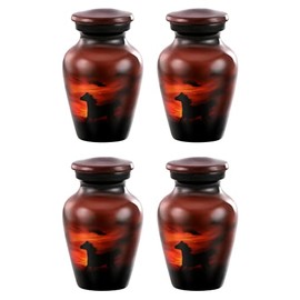 Forever URNS Mini Cremation Funeral Urn with Printed Running Horse Theme for Human Ashes of Female & Male | 3 cu in | Set of 4 | Small | Brown | Completely Handcrafted with Velvet Protection Box