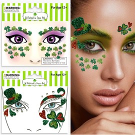 St. Patrick's Day Face Temporary Tattoo Sticker Set Glitter Shamrock Face Sticker Decal 2 Pack Four-Leaf Clover Face Gems jewelry for Makeup St. Patrick's Day Parade Decoration