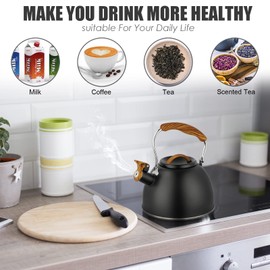 Phyllia Tea Kettle -3.L Whistling Tea Kettle for Stove Top Stainless Steel Tea Pot Stovetop Food Grade Water Kettle with folding Handle for Coffee Tea Milk Hot Water Kettle Pot -Black