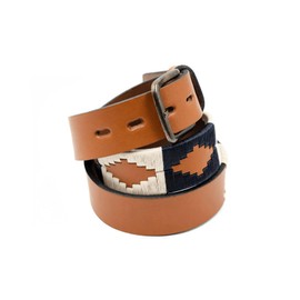 GauchoLife Polo Belt Hand-Stitched leather belt (Tan/Blue/White, 30)