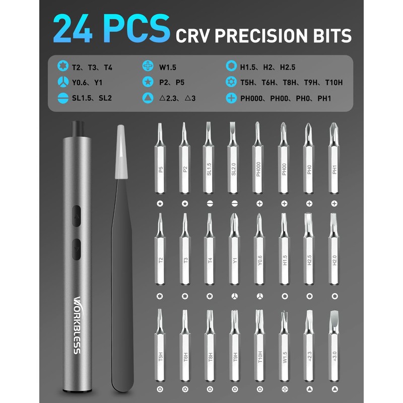 WorkBless WorkBless Mini Electric Screwdriver, 3.7V Precision Screwdriver Set, 24-in-1