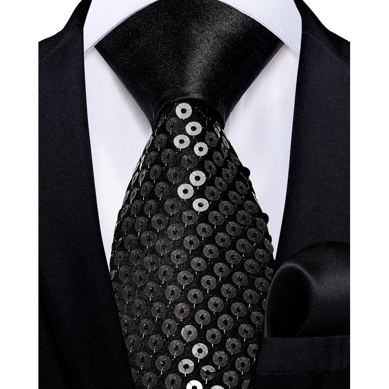 DiBanGu Mens Sequin Skinny Tie and Pocket Square Set,Shiny Solid