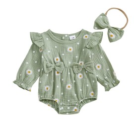 ​Baby Girl Daisy Flower Bubble Rompers Linen Ruffle Long Sleeve Bodysuit with Headband Cute Newborn Fall Clothes Welcome Home 3 6 12 18 Months (Green, 0-3 Months)