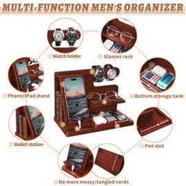 Wood Phone Docking Station - Nightstand Organizer for Cell Phone, Watch, Wallet - Birthday Gift for Dad or Husband