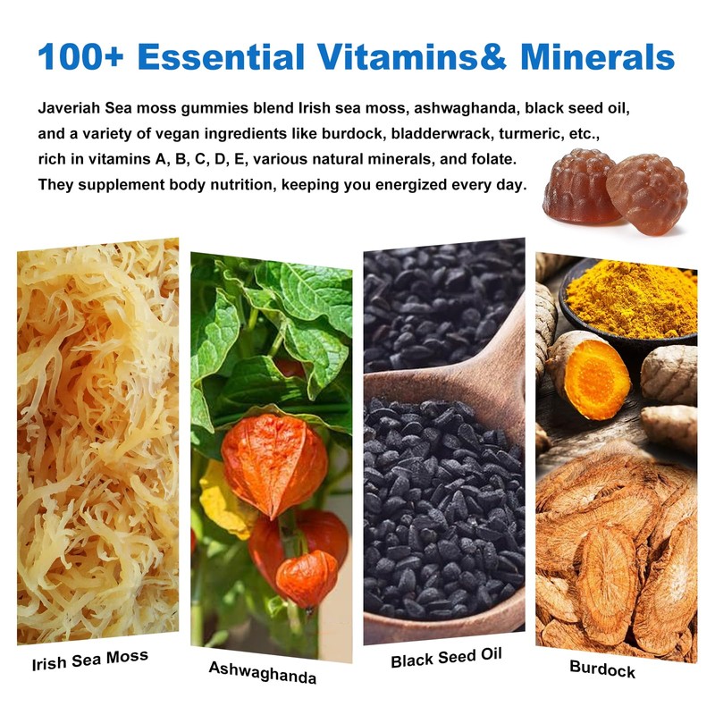 Vegan Ashwagandha Sea Moss Gummies - Black Seed Oil, Vitamin