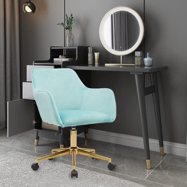 Goujxcy Velvet Desk Chair, Modern Home Office Desk Chair Vanity Chair for Womens Girls, Adjustable Swivel Task Chair with Armrest and Golden Metal Base for Living Room Bedroom