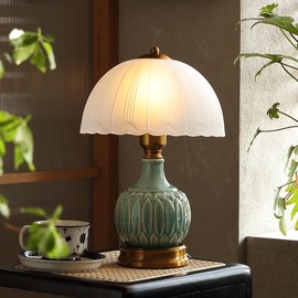 Glivpny Vintage Lamp for Living Room,16" Modern Ceramic Table Lamps for Bedroom,Retro Bedside Nightstand Traditional Lamps, Classic Chinoiserie Green Lamp for Home Decor (LD002)