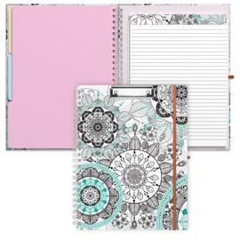 Rimilak Spiral Clipboard Folio with Refillable Lined Notepad, 14.5 x 9.8 in, Hardcover Cover with 5 Interior Pockets, Elastic Band and Pen Loop Series. Cute Stylish Clipfolio, Mandala Flower