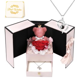 Childom Preserved Valentines Rose Gifts For Women,Birthday Gifts for Women,3 Pcs Red Preserved Flowers Gifts for Her,Real Rose Flower Gifts with Necklace and Light for Wife,Mom,Anniversary,Birthday